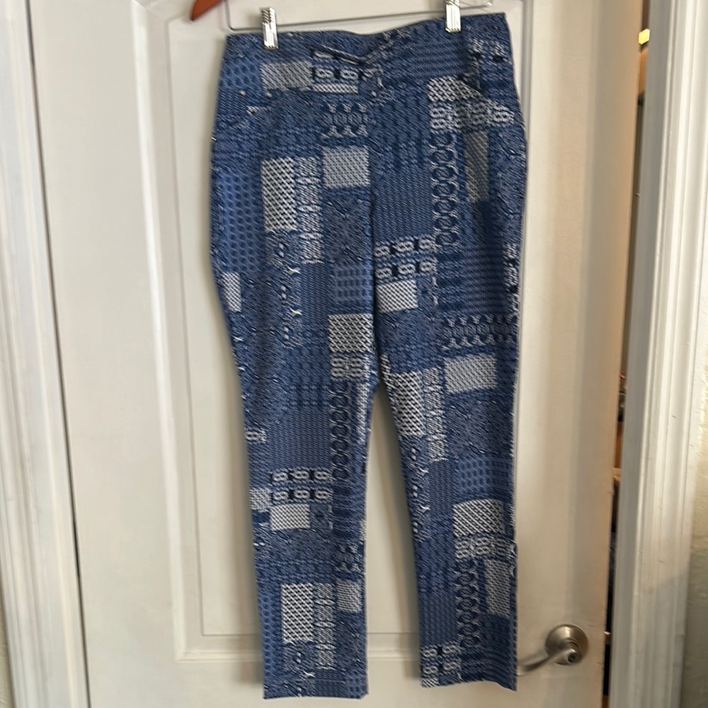 Stylish Blue Patterned Pants blue white stretch ankle  casual